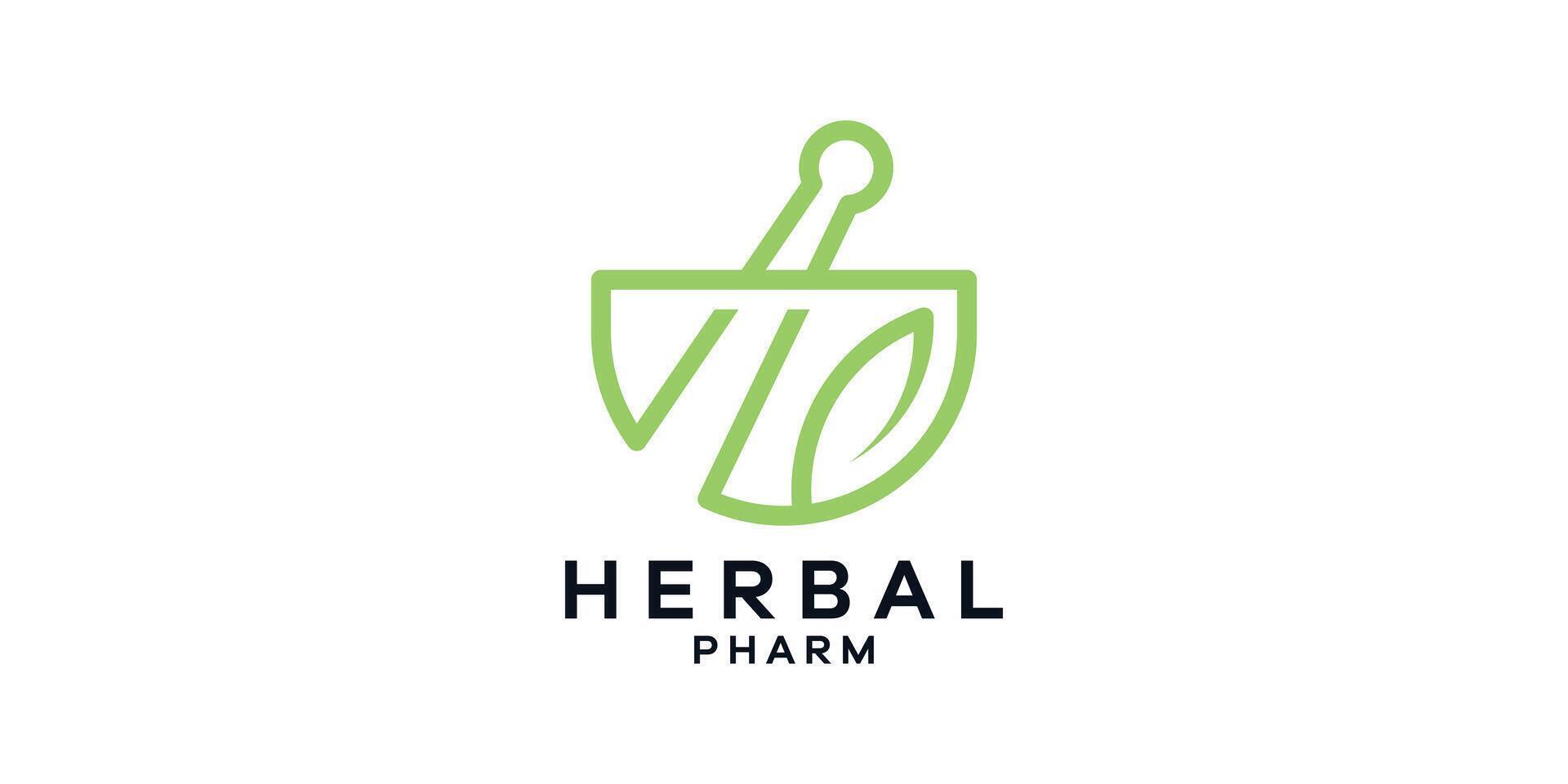 logo design combination of mortar shape with leaves, pharmacy logo design, template, idea. vector