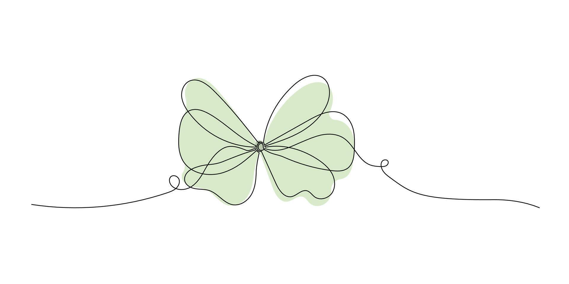 Hand drawn Ribbon bow, continuous line and green spot. Bowknot one line art isolated on white background. Vector illustration, editable stroke