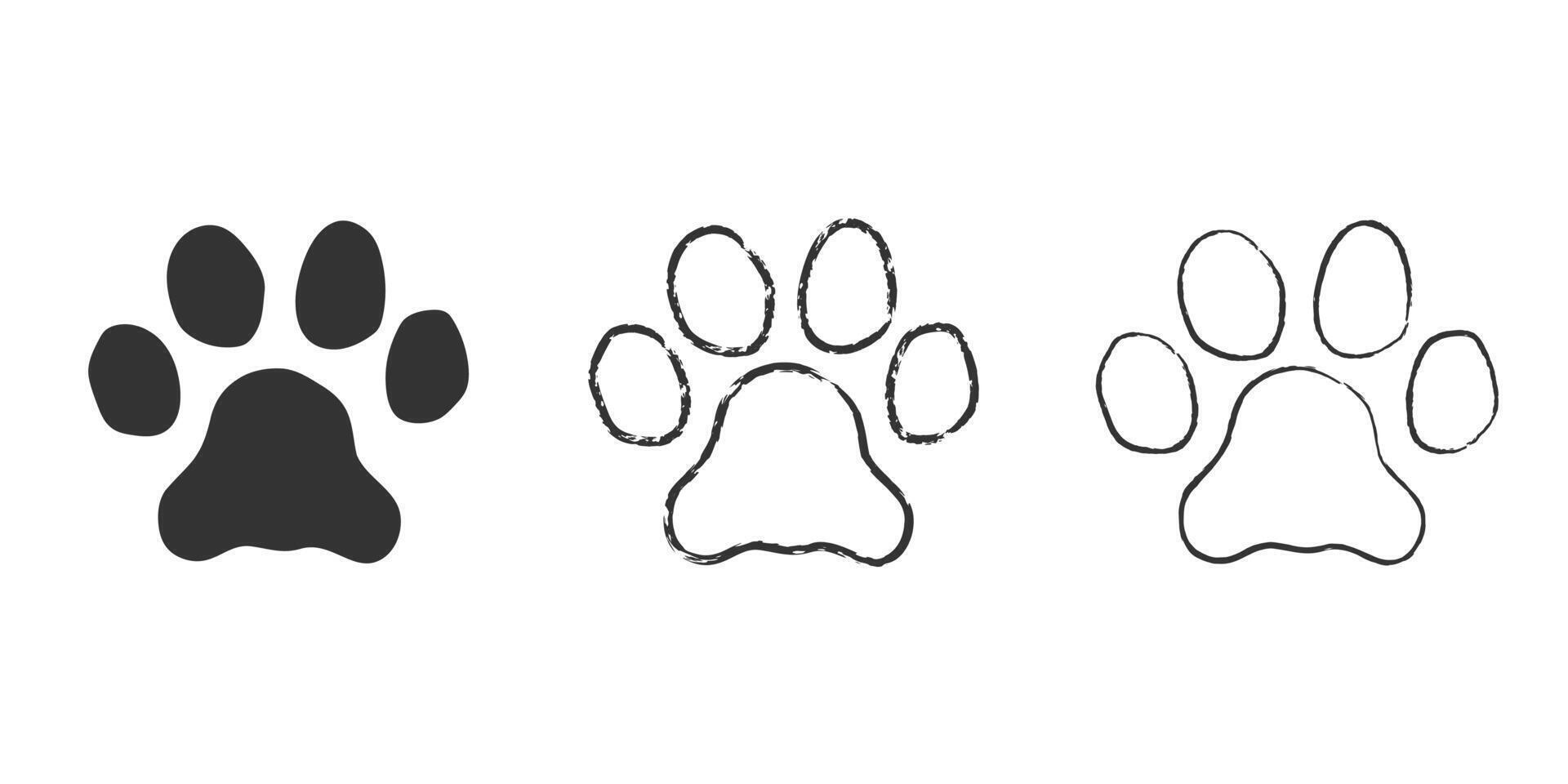 Hand drawn Paw print set. Outline doodle paw icon. Vector illustration isolated on white background