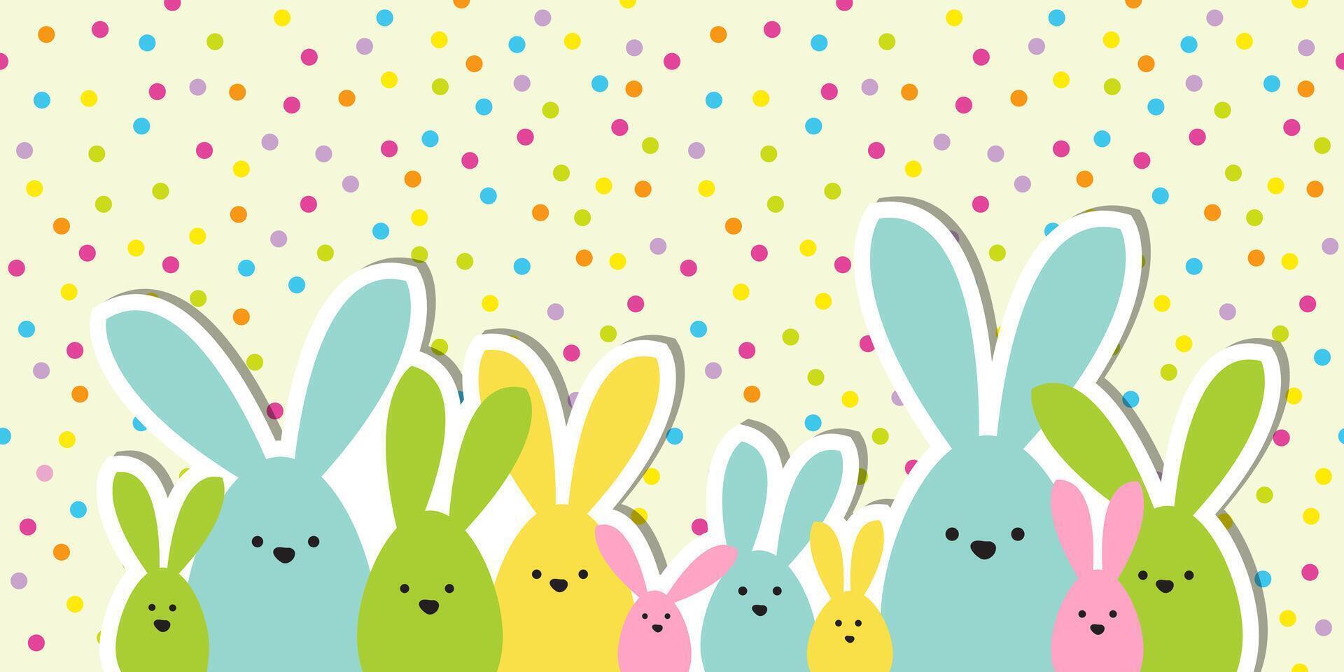 Celebration Greeting Easter card, colorful easter bunny family on polka dot background vector