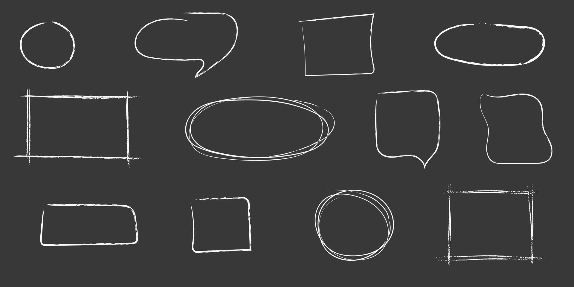 Set of hand drawn blank textbox for selecting text. Isolated vector charcoal crayon emphasis white frames on black background. Doodle empty speech bubbles
