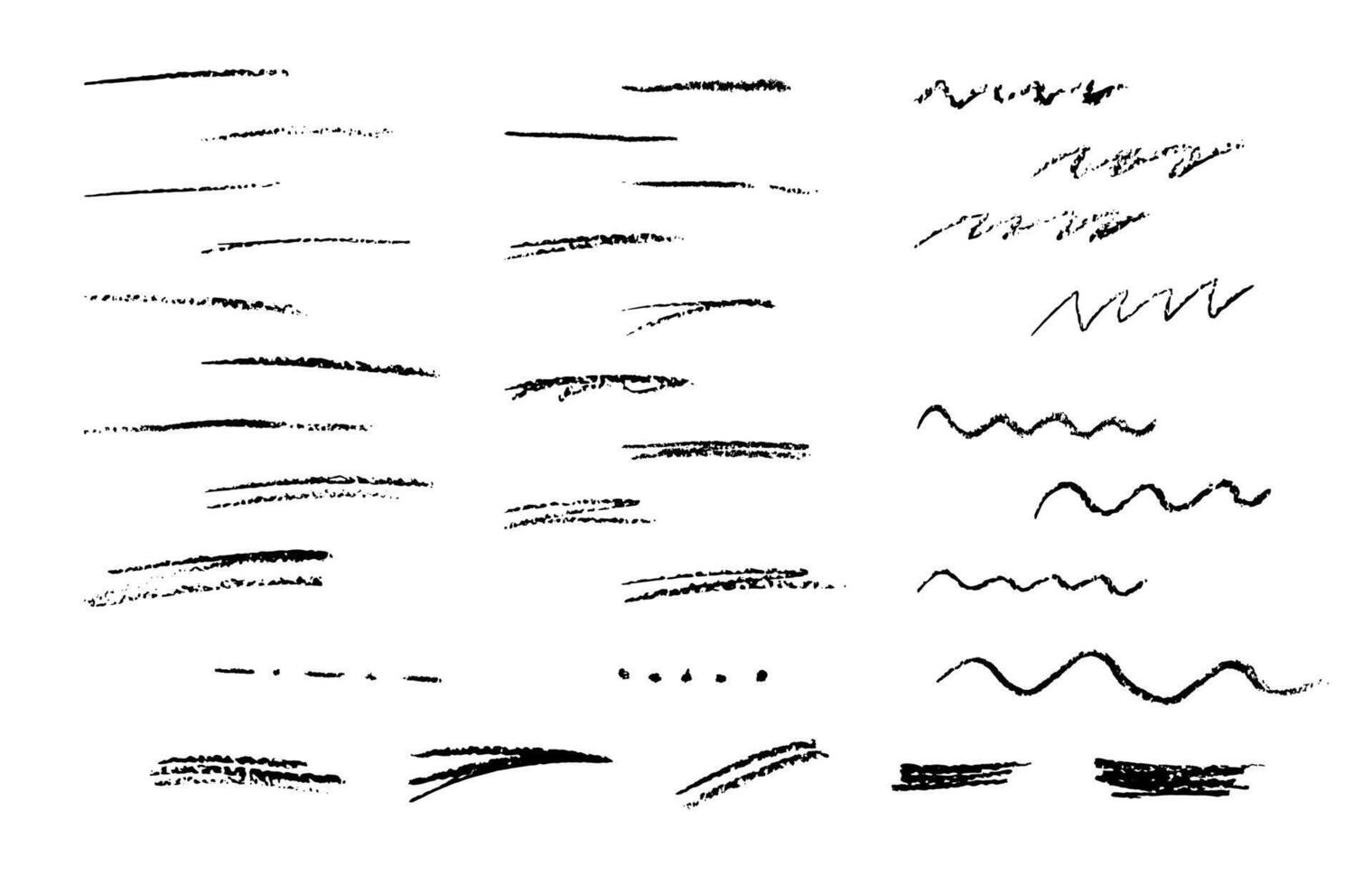 Black charcoal crayon underlines set. Doodle lines with grunge pastel texture. Hand drawn chalk scribbles. Vector elements on a white background