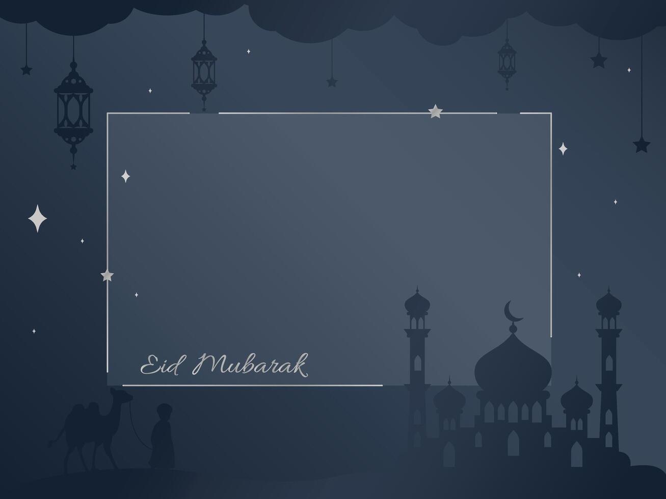 Eid Mubarak night view background with lanterns, camel and mosque. Vector copy space card, invitation, greeting, banner