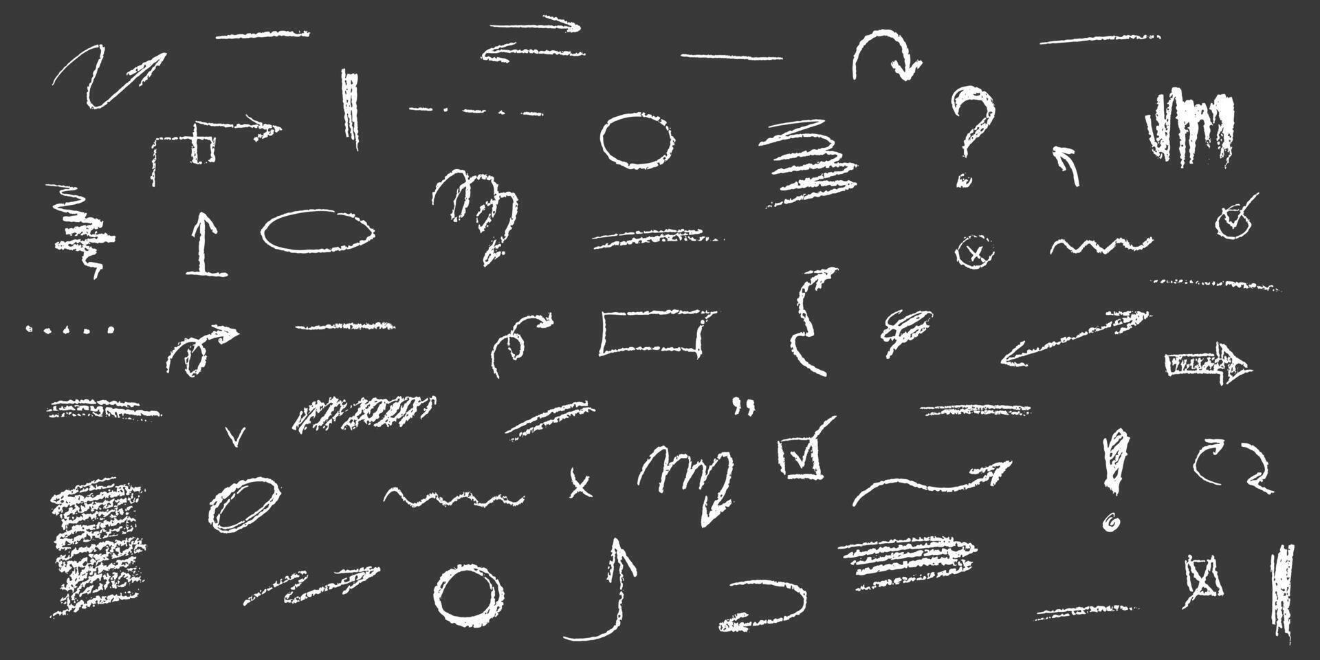 Charcoal elements vector set. Hand drawn underlines, different curved lines, swirls arrows and borders. Doodle marker drawing, chalk smears. Isolated freehand Scribbles and scrawls on black background