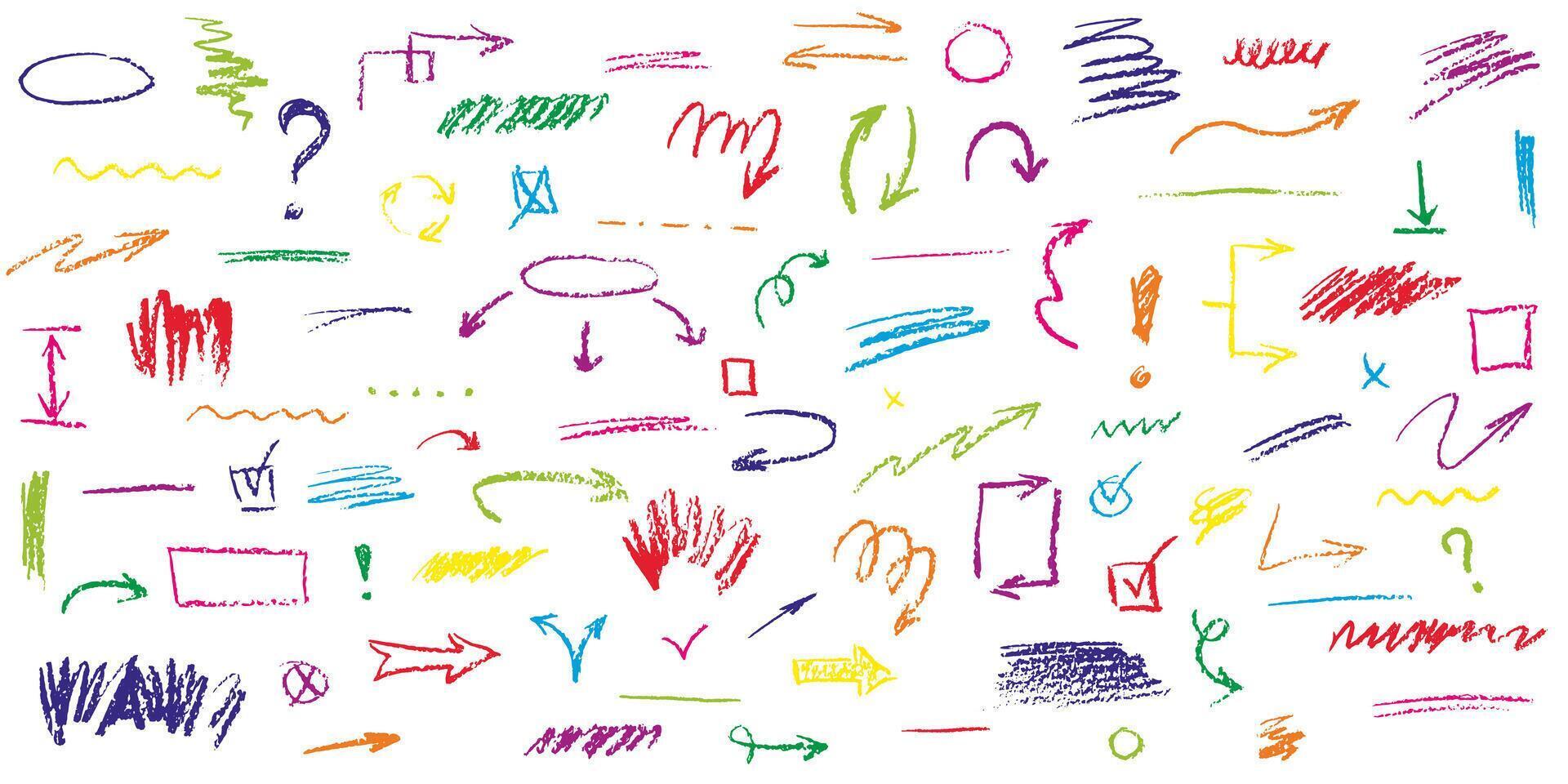 Charcoal pencil scribbles collection. Hand drawn Vector lines, arrows, frames, underlines and doodles. Bright color drawing