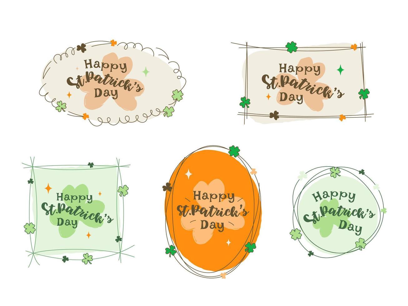 Happy Saint Patrick's Day Hand Drawn greeting elements. Frames isolated on white background. Vector Set, editable stroke