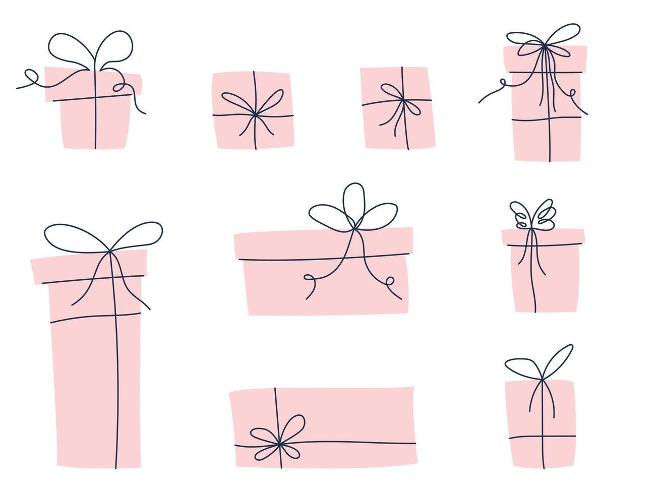 Gift boxes clipart set. Doodle hand drawn present with editable stroke ribbon bowknot. Vector illustration isolated on white background for cards, stickers, posters and patterns