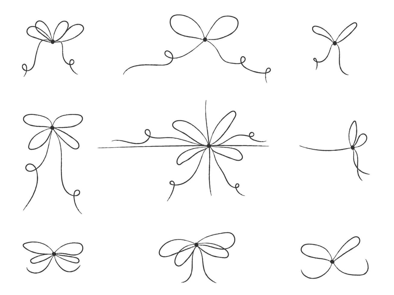 Simple bowknots on ribbon. Bow on ribbon, decoration elements. Charcoal crayon brush stroke Vector set