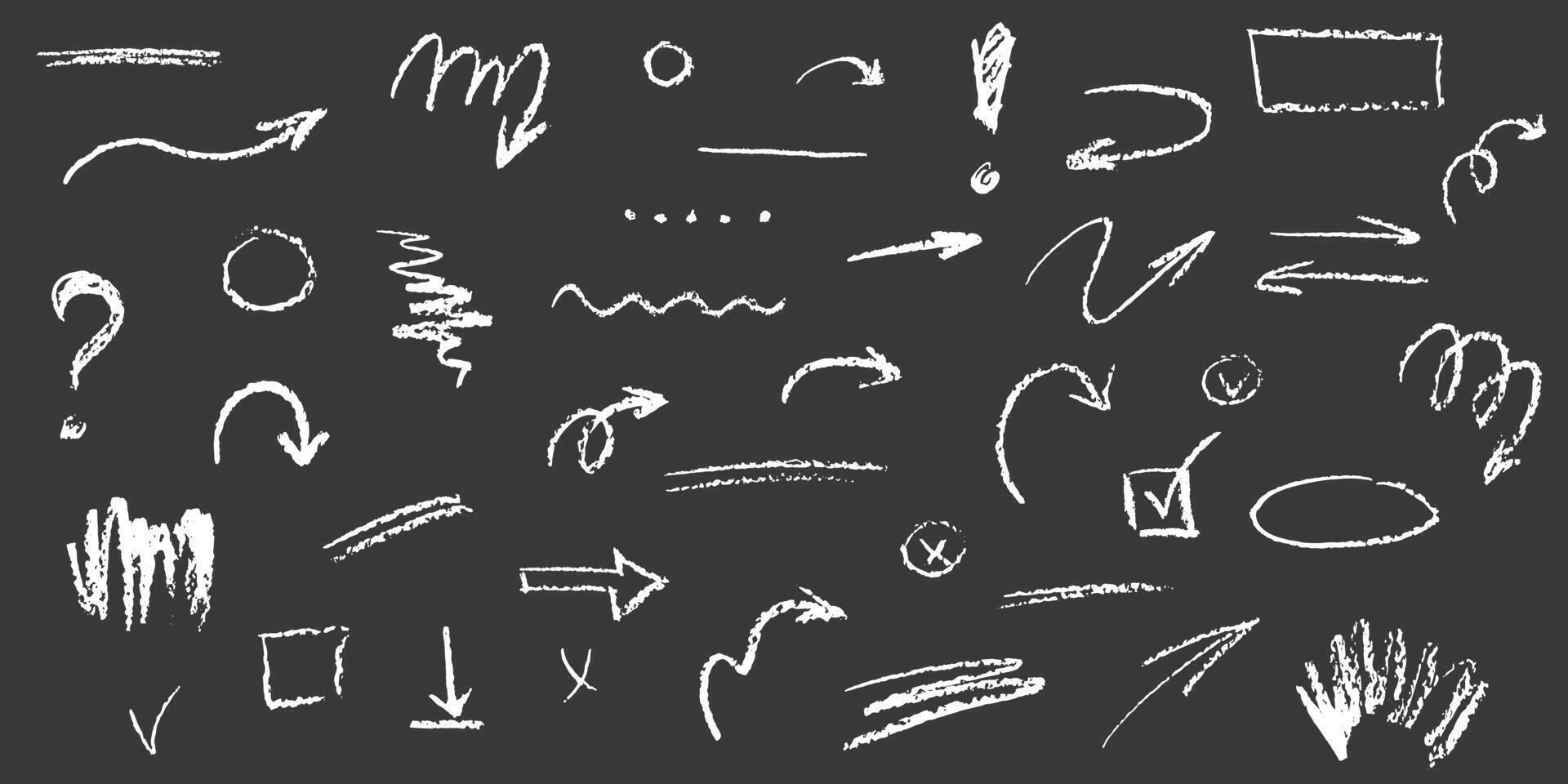 Charcoal elements vector set. Hand drawn freehand different curved lines, swirls arrows and borders. Doodle marker drawing, chalk smears. Isolated Scribbles and scrawls on a black background