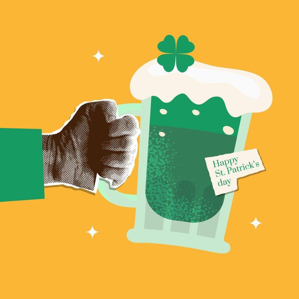 Retro halftone paper hand holding green beer for Patrick's day. Vector vintage collage illustration of beer mug for Patricks party.
