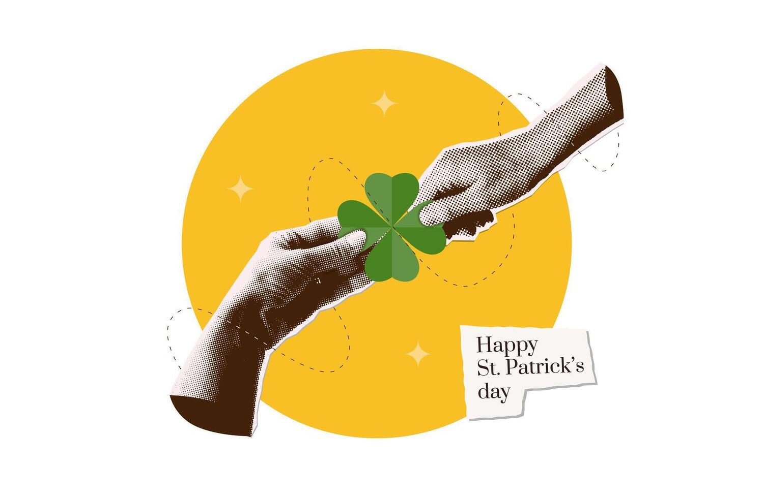 Trendy Saint Patrick's Day design with torn out paper hands holding shamrock leaf in y2k halftone collage style. Template greeting Card with nostalgic Halftone hands. Vector illustration isolated