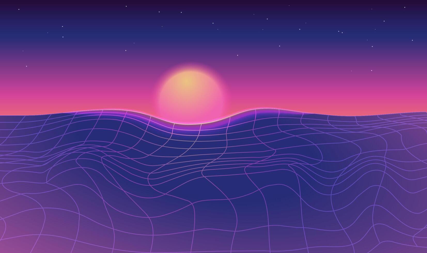 Futuristic retro landscape in 80s vintage style. Vector futuristic illustration of sun with grid mountains in retro style. Digital Cyber Surface. Suitable for design in the style of the 1980s.