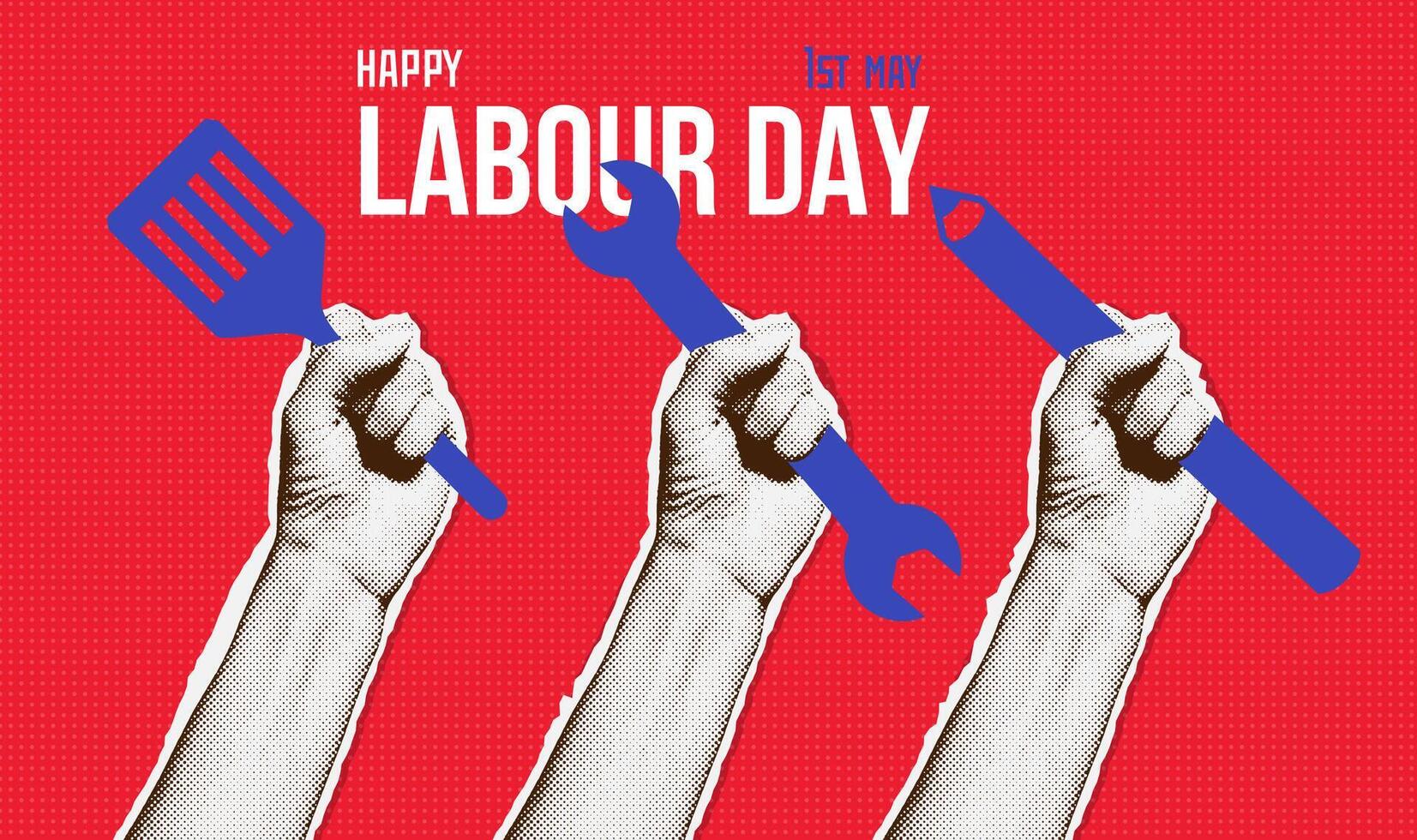 Happy Labour day greeting card template with people hands holding kitchen spatula, pencil, wrench. Modern halftone collage vector illustration design on red rays background.