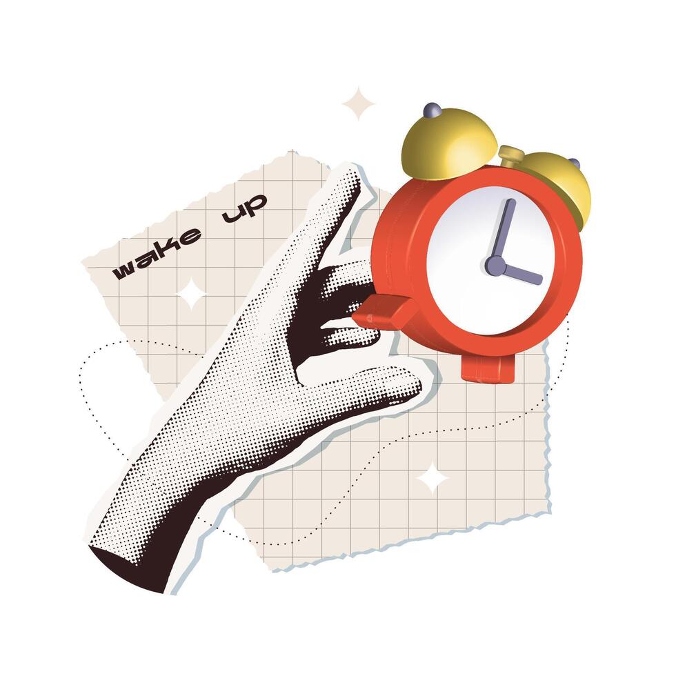 A hand holds an alarm clock. Trendy halftone collage with 3d element. Concept of coming deadline or waking up. Contemporary y2k vector banner on vintage paper checkered background.