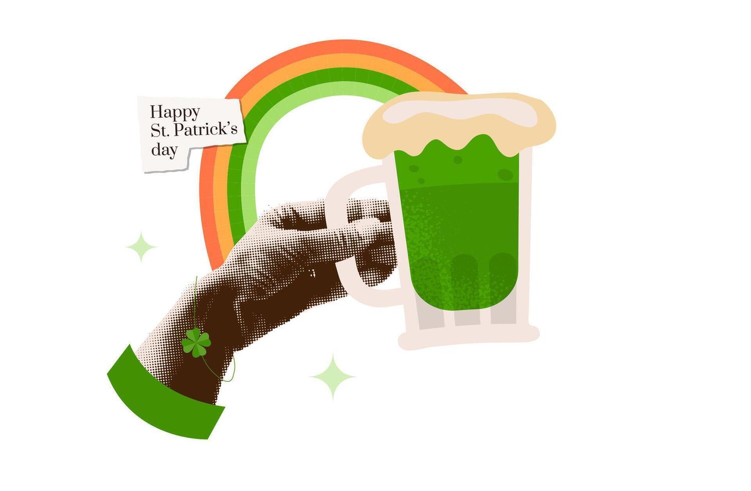 Halftone mixed media collage with hand holding beer mug with the rainbow over. Isolated y2k zine style card concept. vector