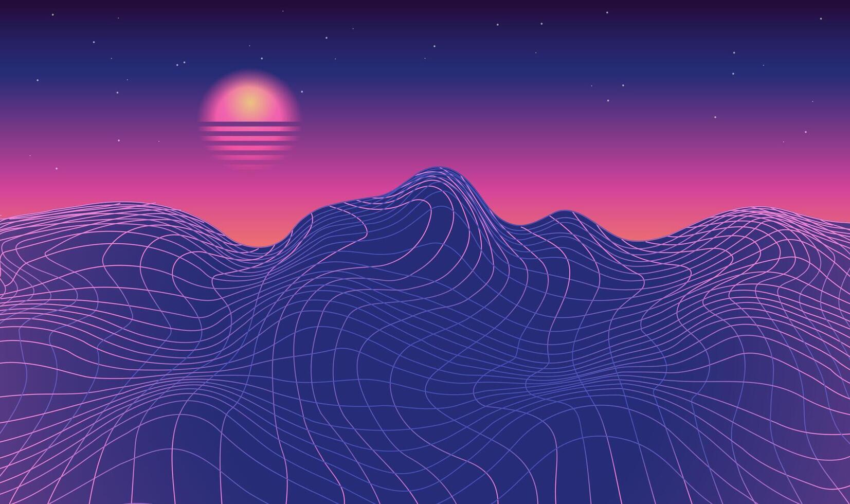 Retro fantastic background in 80s style. Vector mountain wireframe landscape with night sky and vintage blurred sunset. Futuristic dark blue neon grid scenery. Retro Sci-Fi vector backdrop.
