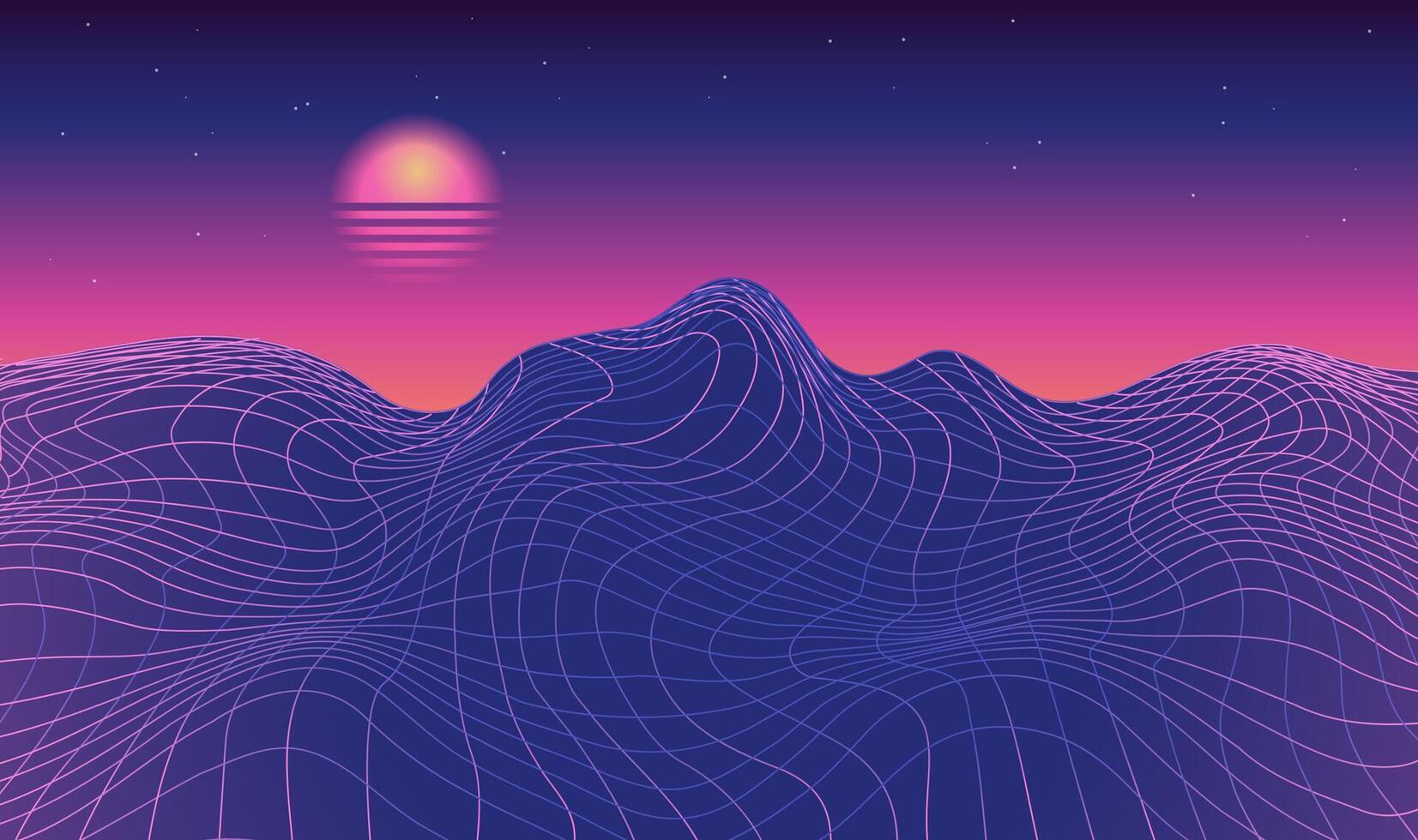 retro fantástico antecedentes en Años 80 estilo. vector montaña estructura metálica paisaje con noche cielo y Clásico borroso puesta de sol. futurista oscuro azul neón cuadrícula escenario. retro ciencia ficción vector fondo.