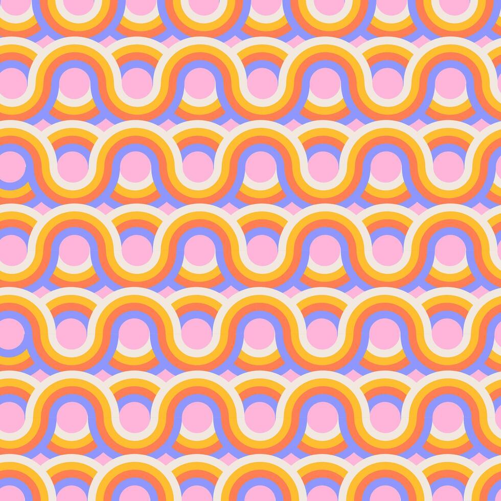 50s Mid Century Modern Seamless Pattern with round wavy striped shapes. Flat vector geometric illustration.