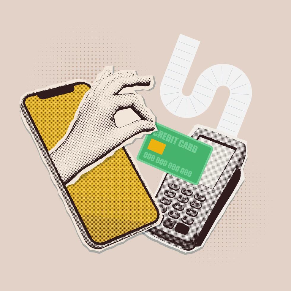 Retro collage of online payment for purchases. Halftone effect hand holding credit card in vintage 80s 90s style. Vector illustration