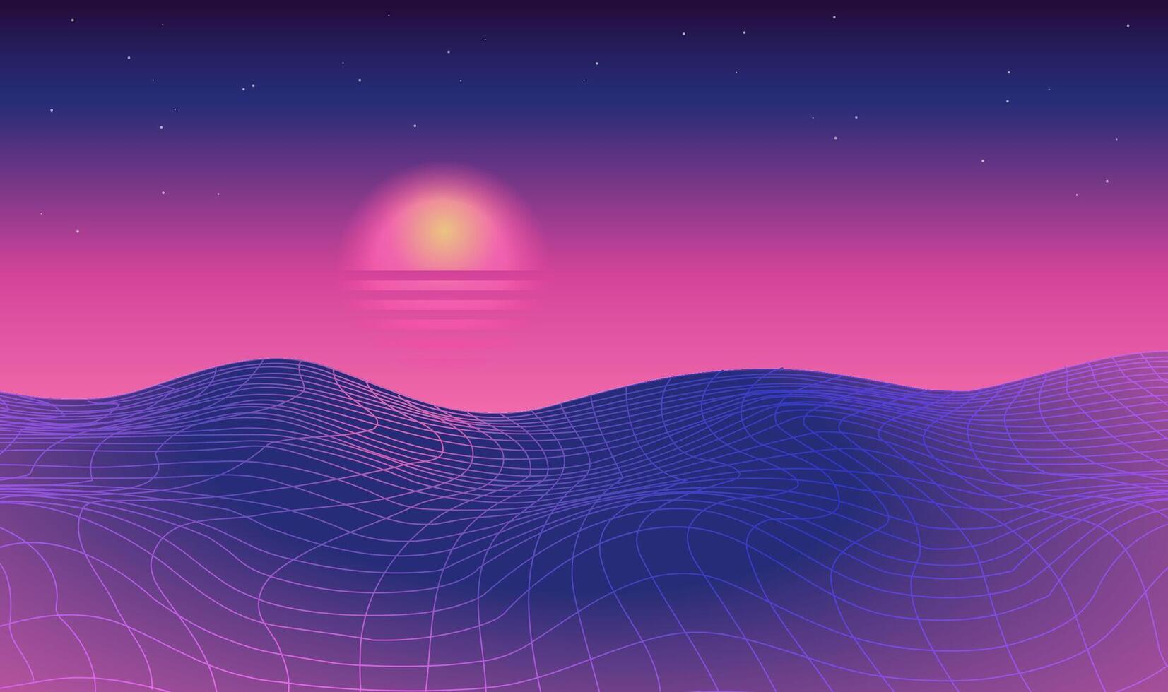 Neon checkered grid purple landscape and pink sunset with old 80s arcade game style for New Retro Wave party banner. 1980s backdrop. Vector vintage illustration.