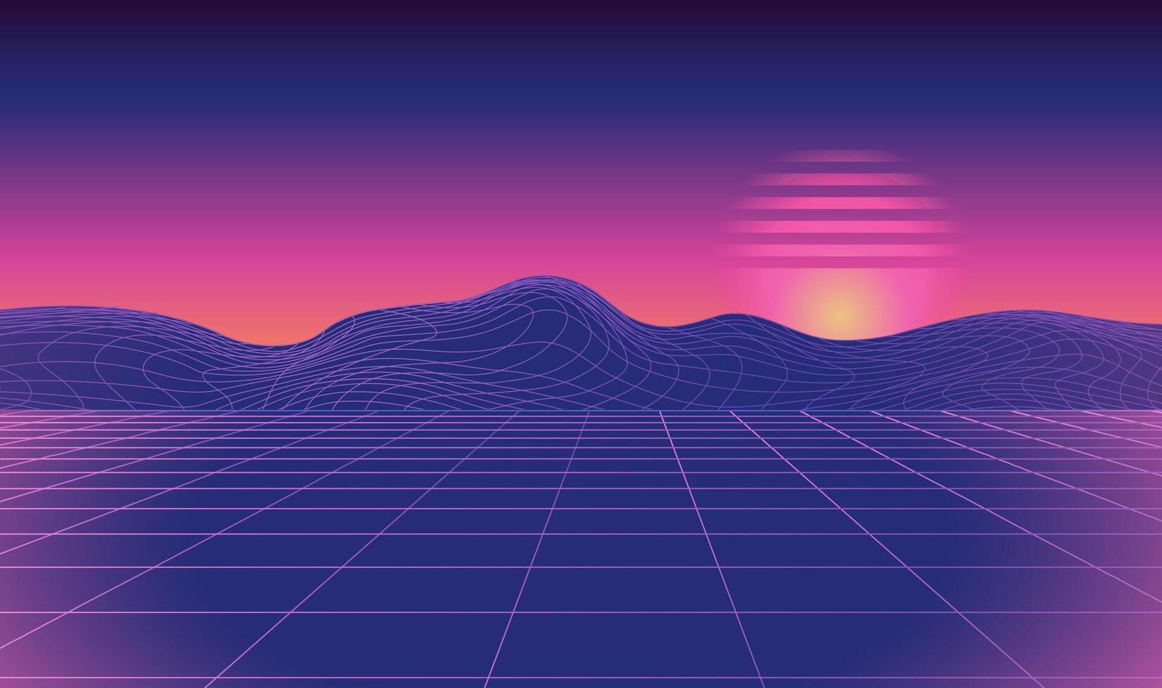 Futuristic retro landscape with flat grid and mountains. Vector futuristic illustration in retro 80s style. Digital Retro Cyber Surface. Suitable for design in the style of the 1980s.