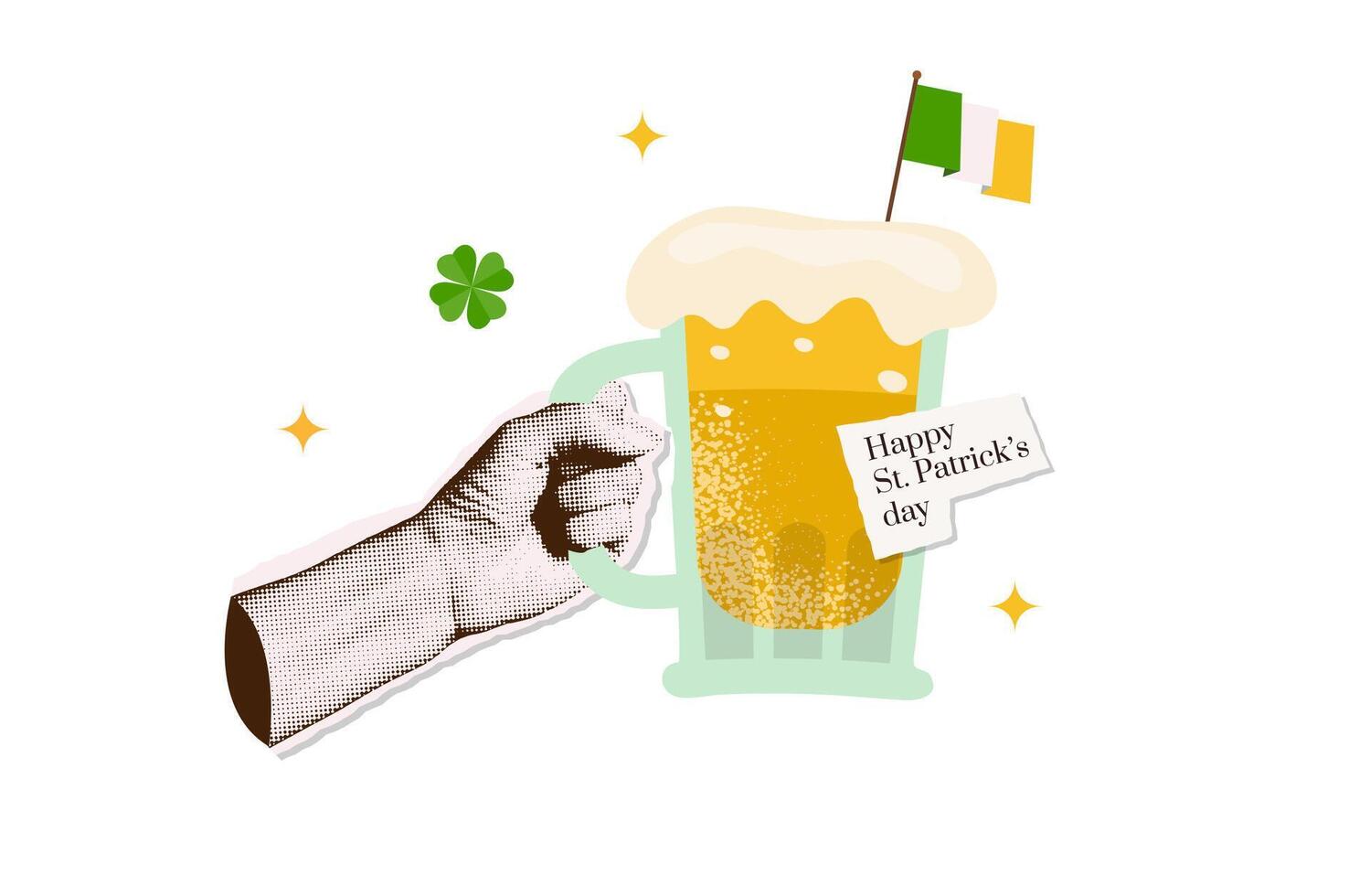 Happy Saint Patrick's day halftone collage. Beer mug in hand. Festive Irish element. Glass of beer with thick foam and Irish flag. Bar theme, Oktoberfest and St Patrick's day. Vector flat illustration