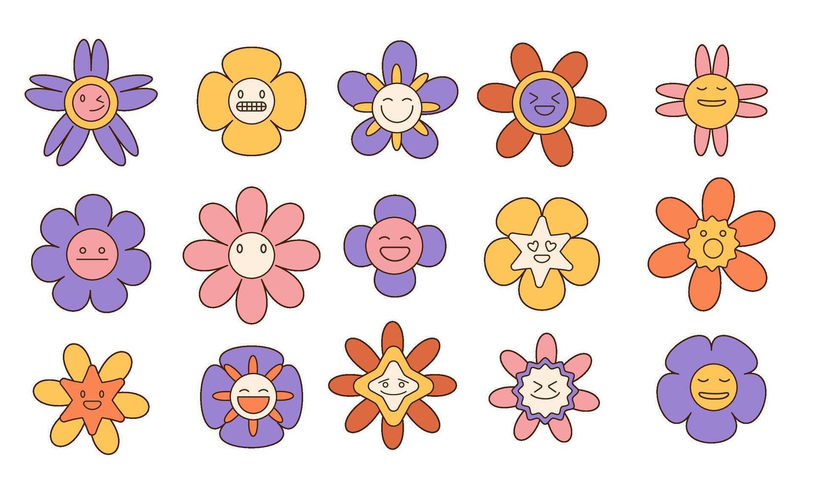 Groovy flower cartoon characters set. Funny happy daisy with linear eyes and smile. Sticker pack in trendy retro trippy style. Isolated vector illustration. Hippie 60s, 70s style.