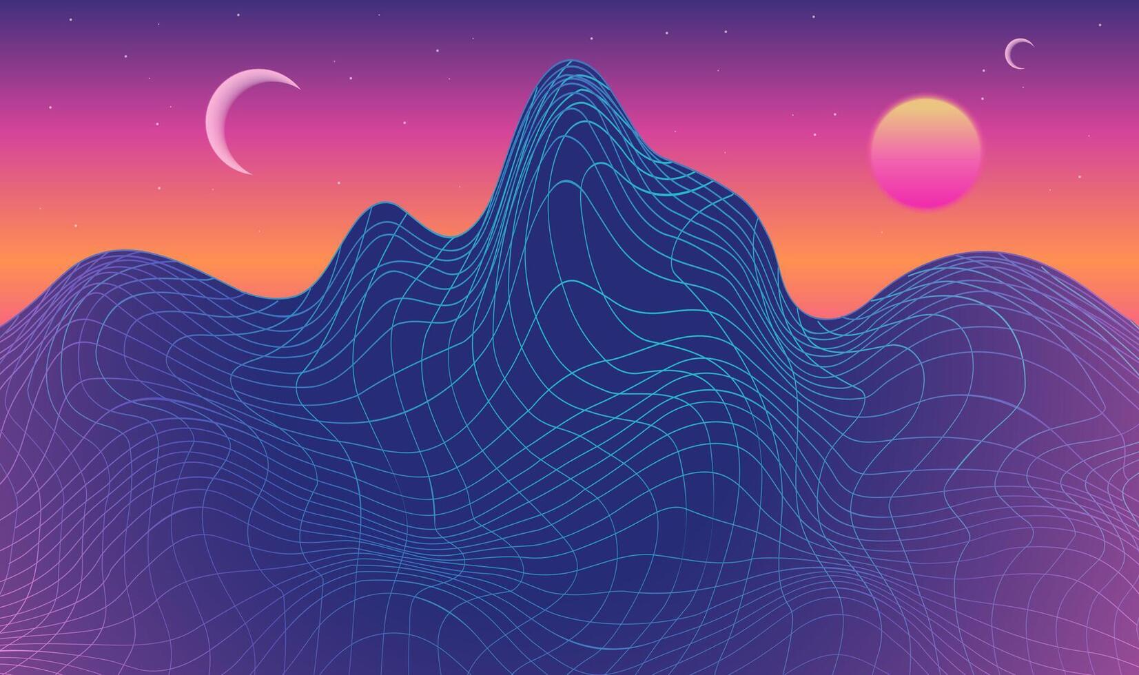 Vintage 80s synthwave styled landscape with blue grid mountains and sun over arcade space planet canyon. Vector illustration