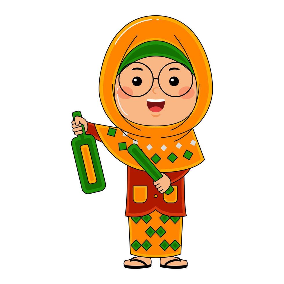 cute little kids girl muslim in ramadan activity vector