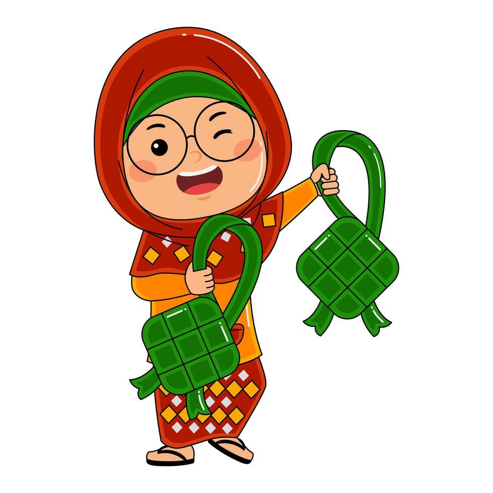 cute little kids girl muslim in ramadan activity vector