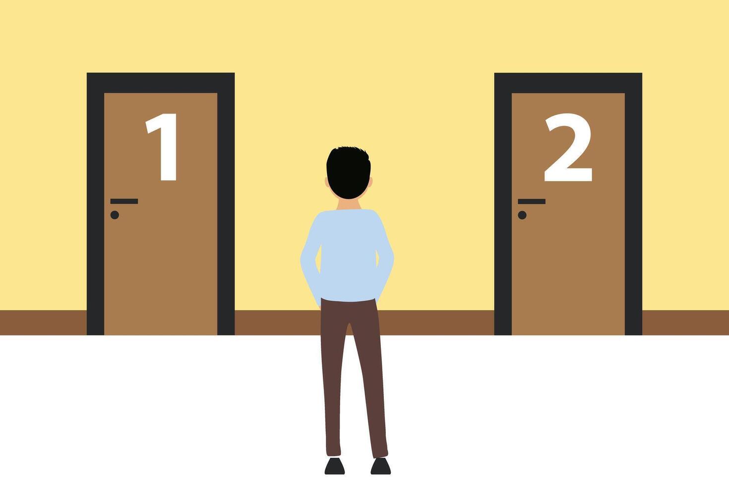 A man is standing in front of two doors and having a choice. Inscription. Make your choice. Vector design illustrations