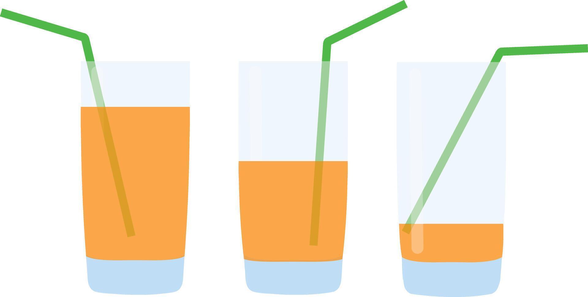 Glasses with fresh sparkling orange or carrot juice and straw. Set of flat icons isolated on checkered background. Orange liquid in transparent container vector
