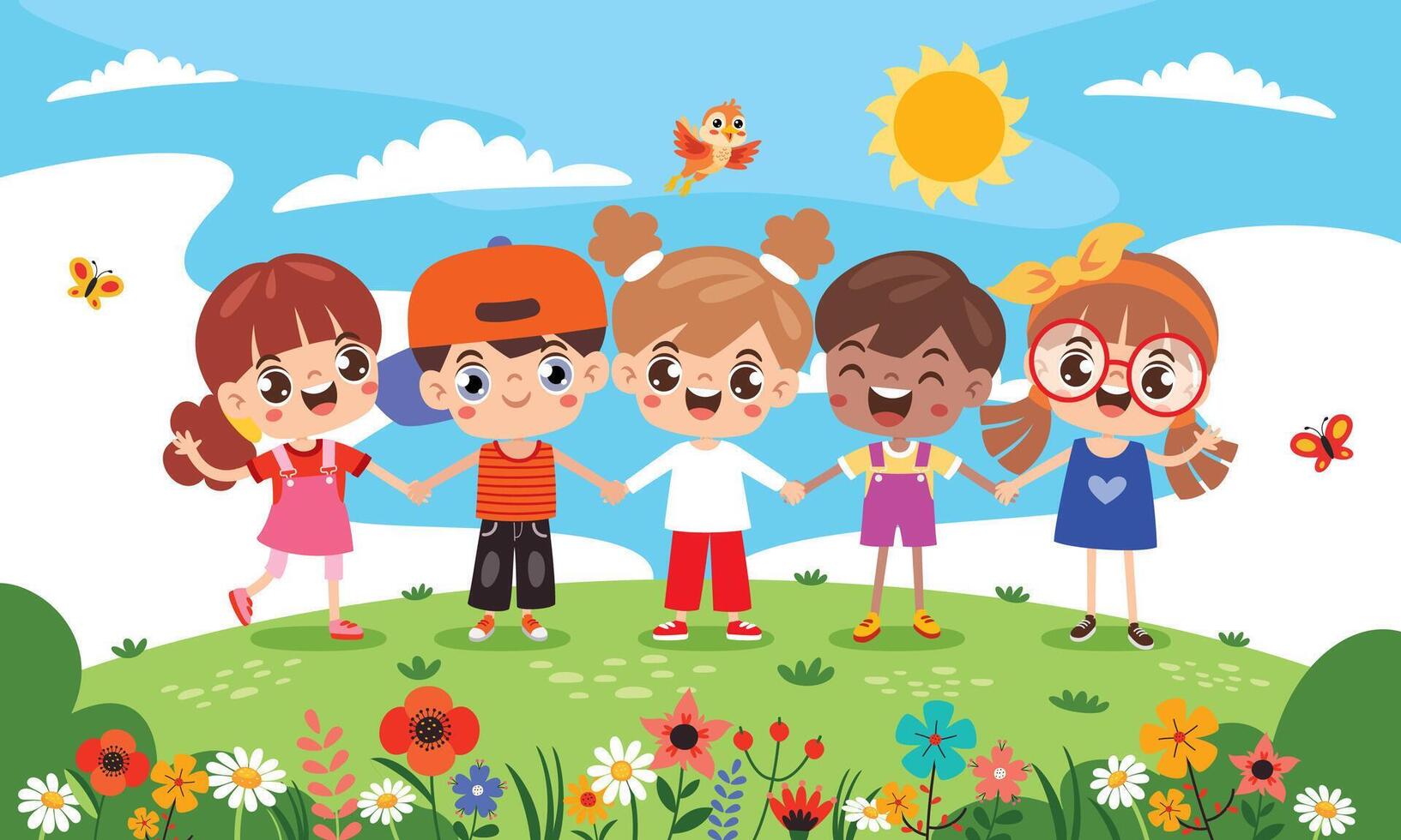 Cartoon Multicultural Kids Holding Hands vector