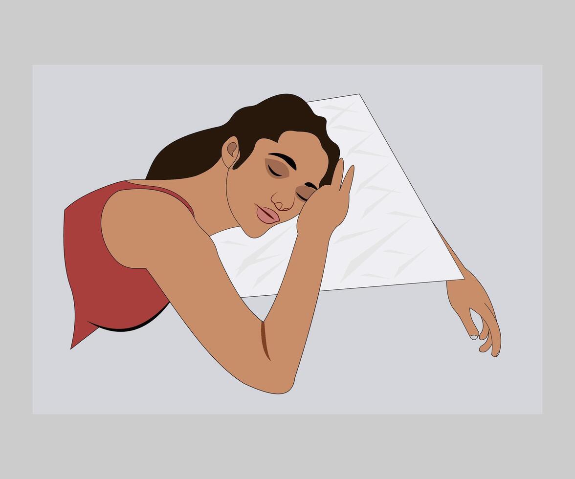 un mujer dormido en un almohada con su cabeza en el almohada vector