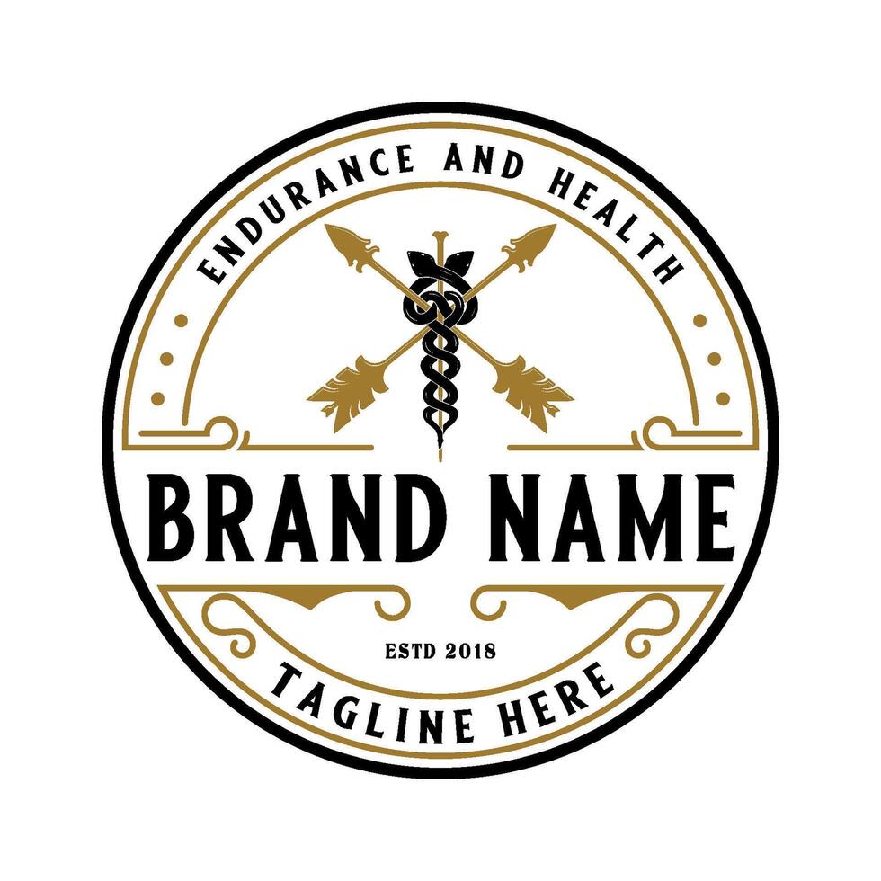 medical vintage logo. theme of two snakes wrapped around the staff of