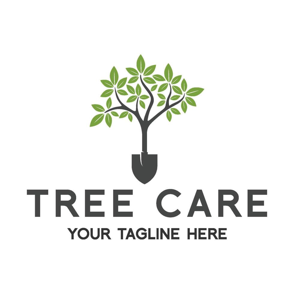 jardín cuidado vector logo diseño. árbol planta y pala concepto para paisajismo empresa