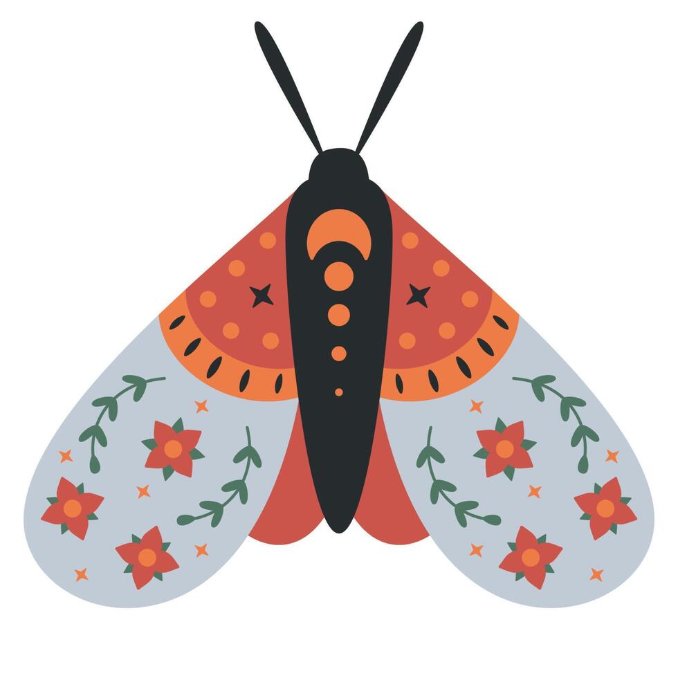 Folk style grey red moth decorative graphic art vector