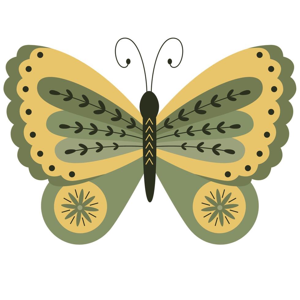 Folk style green butterfly decorative graphic art vector