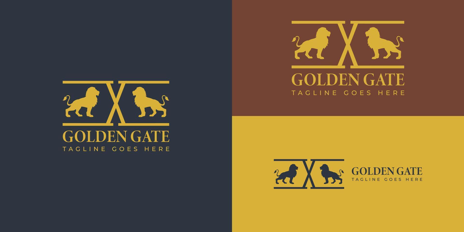 Golden Gate Lion Logo applied for the jewelry business. Royal Lion King Gate Door Knocker with Premium Shield Shape for Guard Protect logo design vector
