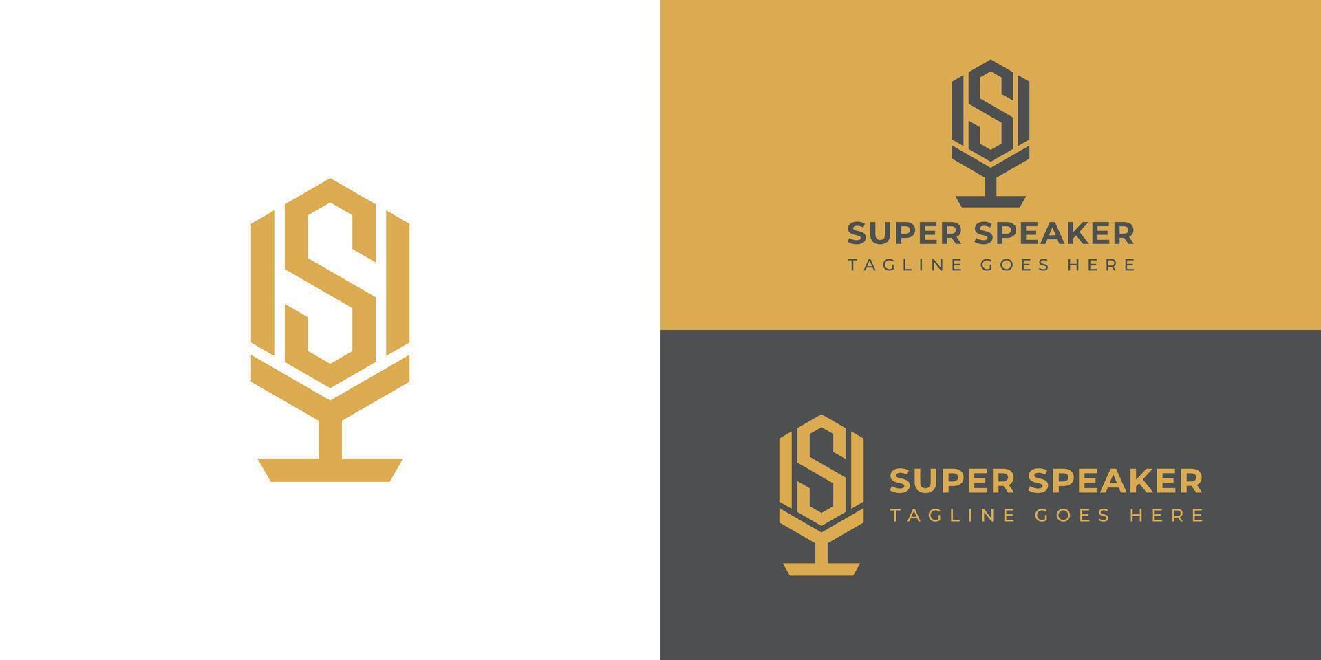 Abstract the initial letter S or SS in gold, isolated on a white background. Super speaker podcast logo with microphone and letter S design for your podcast or radio channel vector illustration