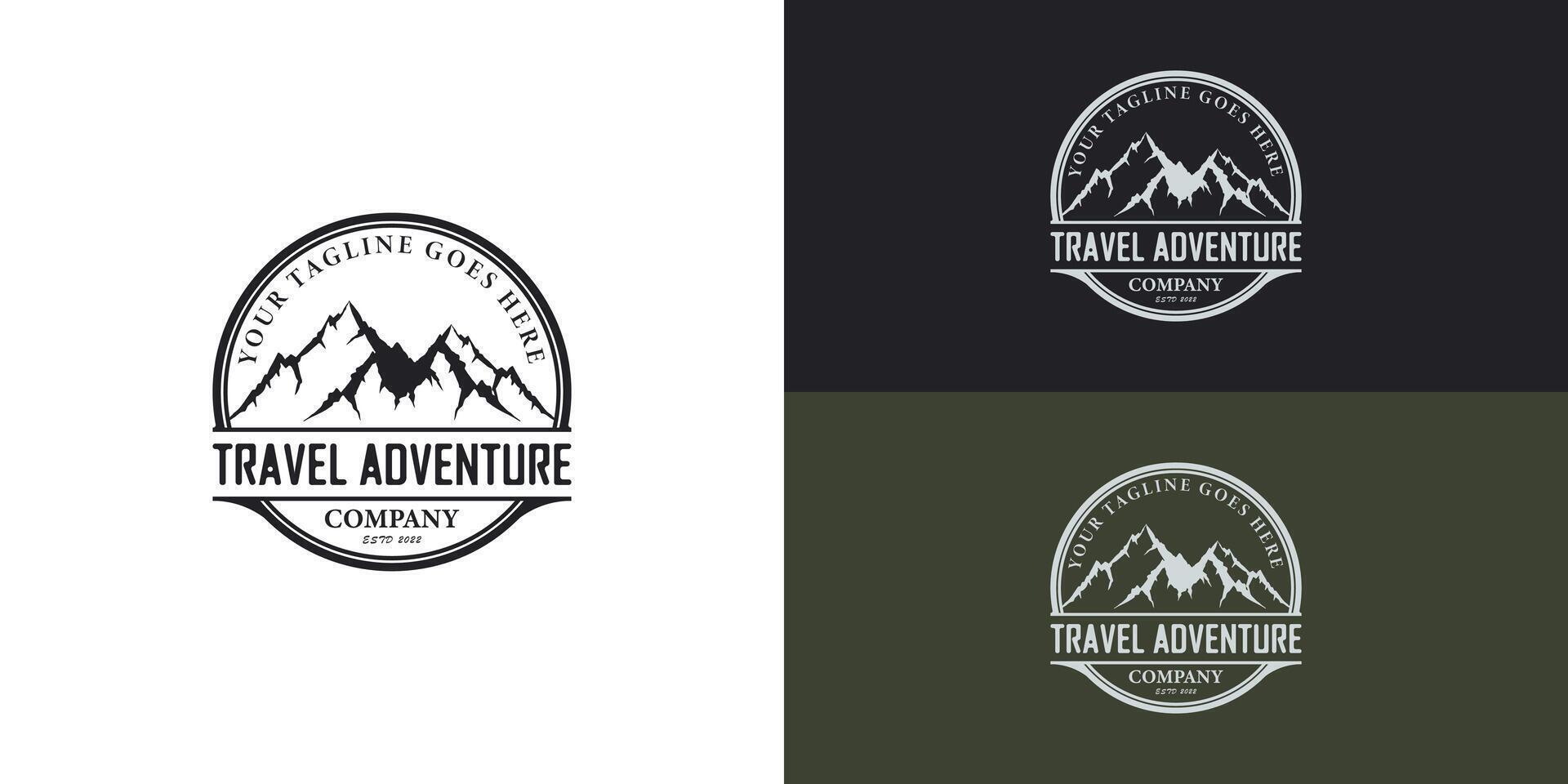 Vector Mountains travel adventure emblem in black color presented with multiple background colors. The logo is suitable for Outdoor activity business logo design inspiration templates.