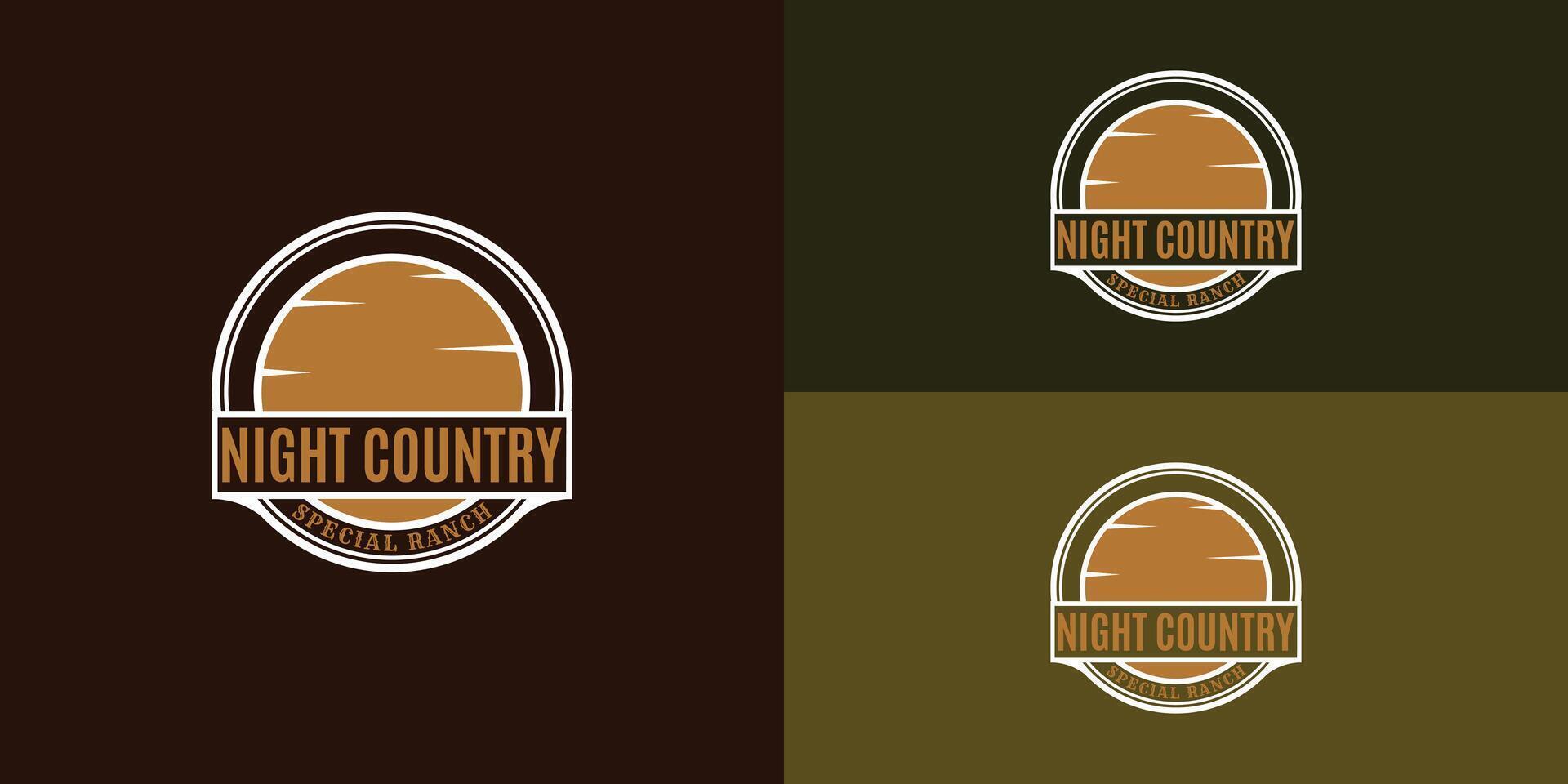 Vintage Lettering Night Country in the silhouette of moon, sun, or sunset logo design inspiration presented with multiple background colors. The logo is suitable for ranch and farm business logo vector