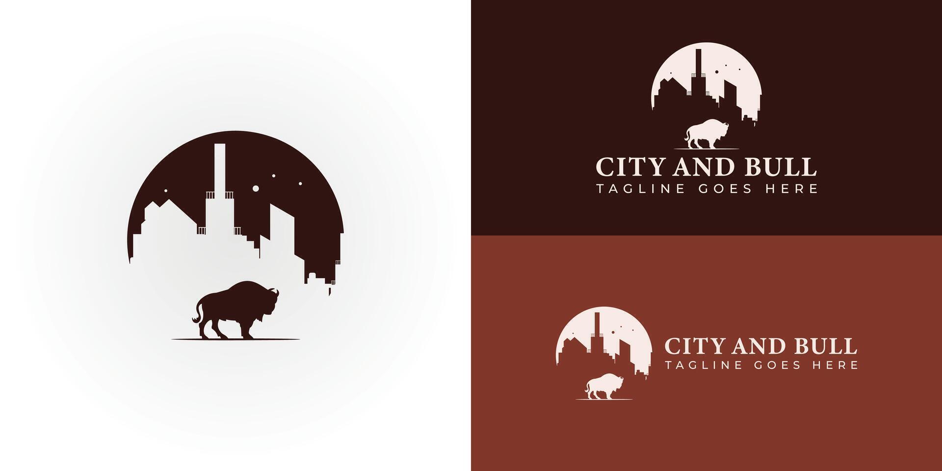 City Bull logo in the form of the circle silhouetted city applied for the housing and apartment business. Angus Cow Cattle Buffalo Bull Silhouette at Pine Fir Conifer Evergreen Tree Forest logo design vector