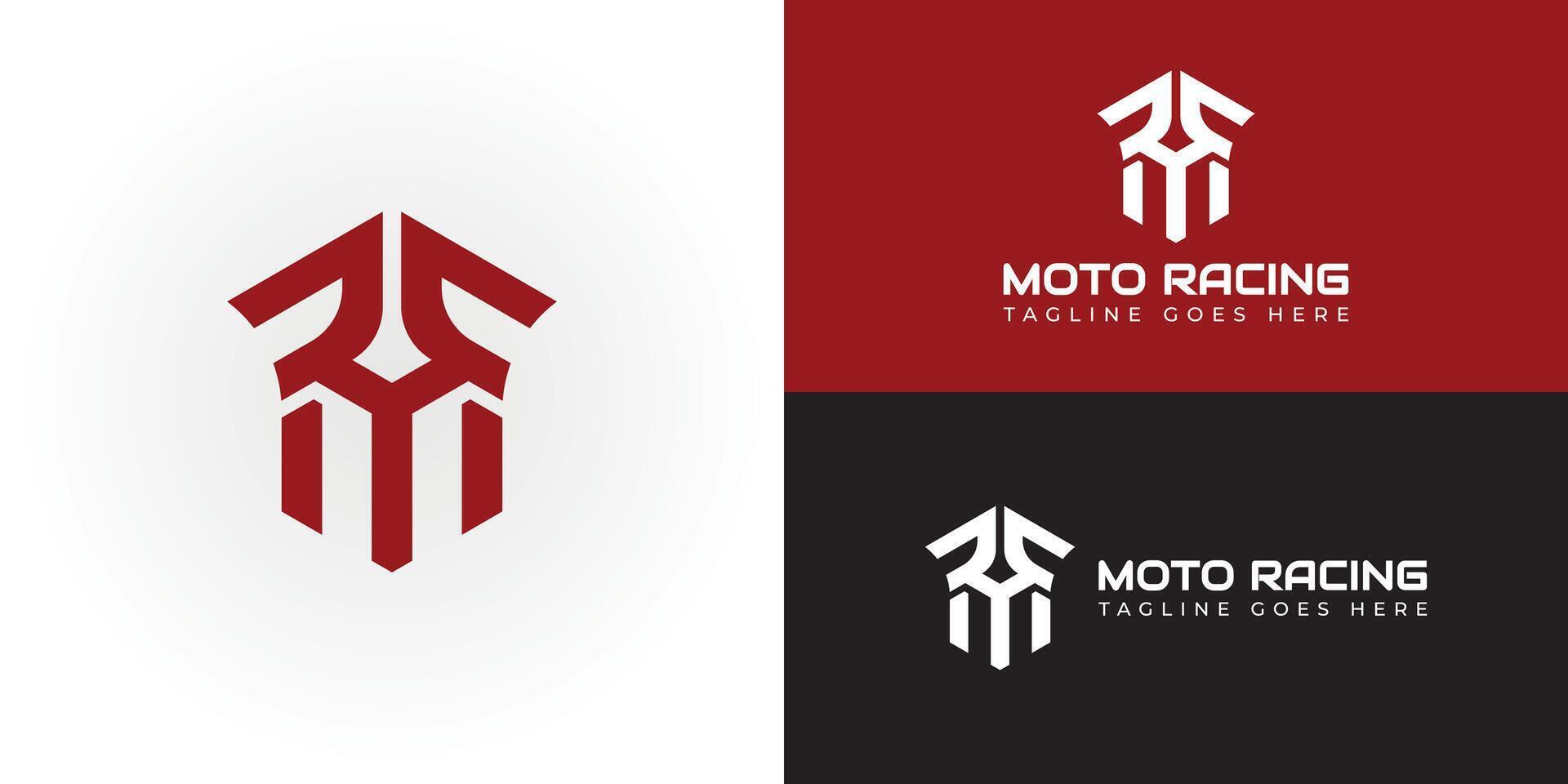 Abstract initial letter MR or RM logo in red color racing logo design template presented with multiple background colors. The logo is suitable for Moto Sport or Motor Race logo design inspiration vector