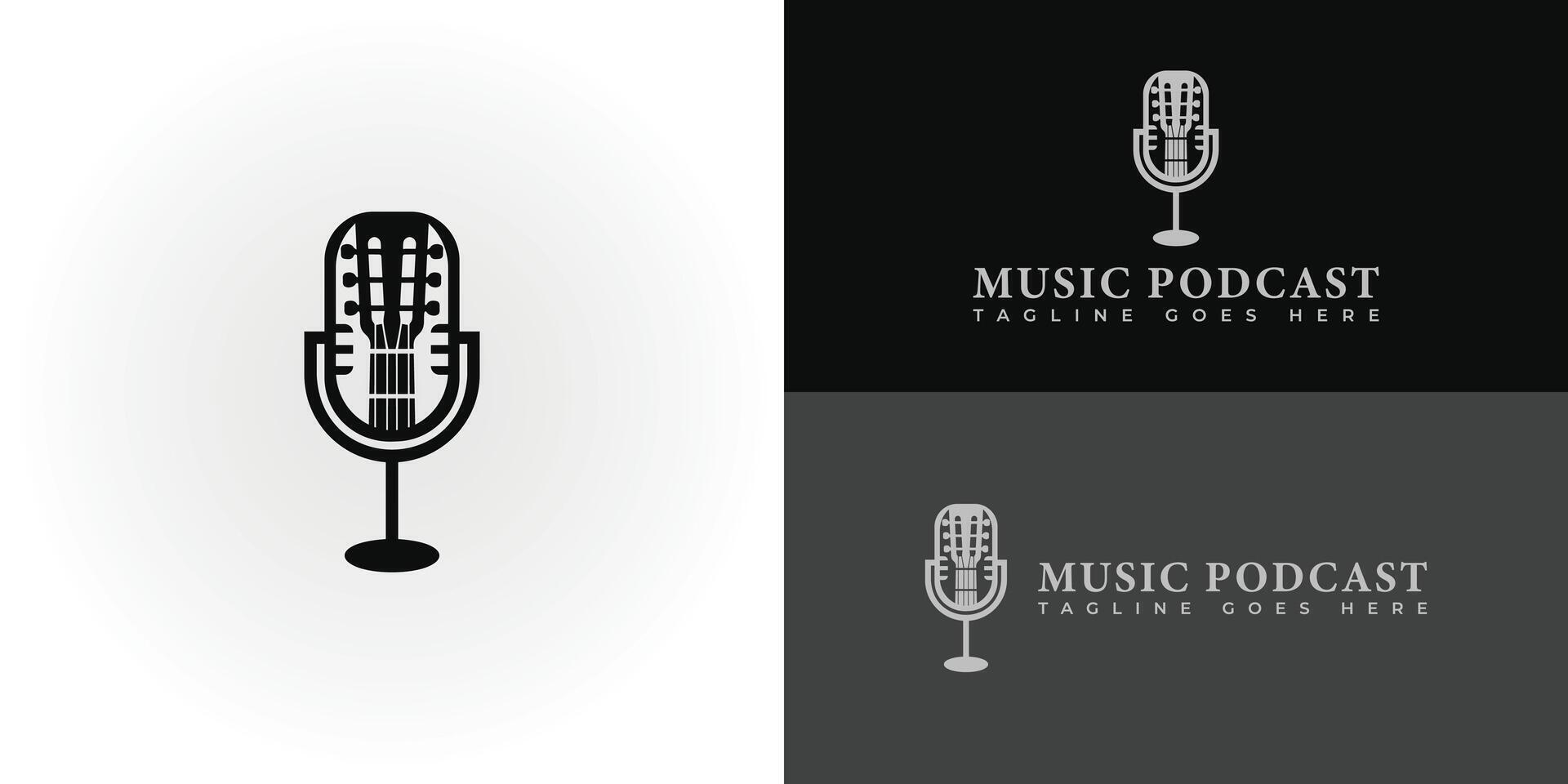 An illustration of a guitar and mic logo vector in black color presented with multiple background colors. The logo is suitable for music podcast logo design inspiration templates.