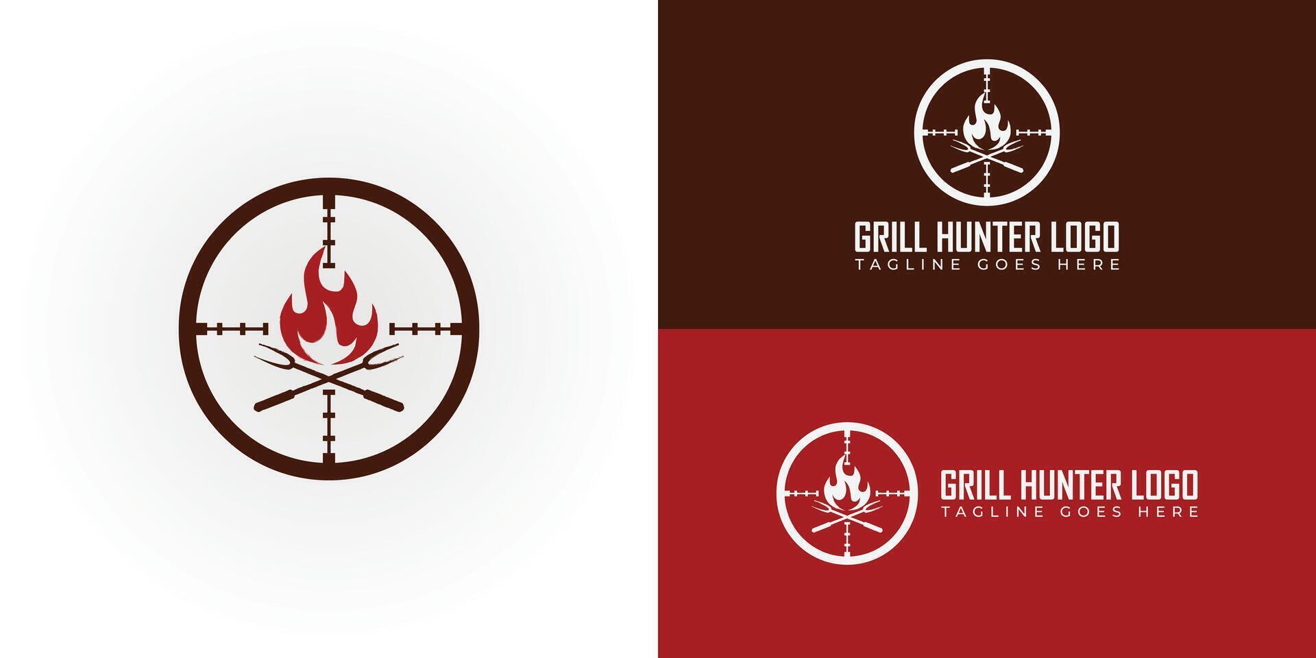 The Grill Hunter Logo applied for the grill and barbeque logo design inspiration presented with multiple white and red backgrounds. The logo is suitable for food and restaurant business logo design vector