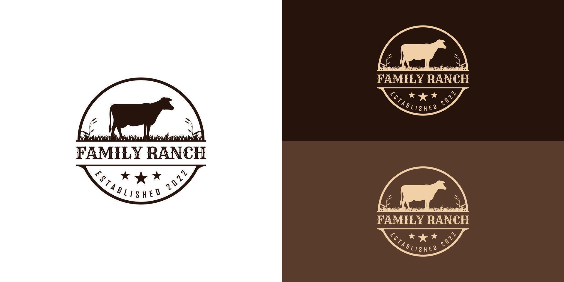 Retro vintage farm cattle Angus livestock logo design vector in black circle shape presented with multiple white and brown background colors. The logo is suitable for farm and ranch logo design