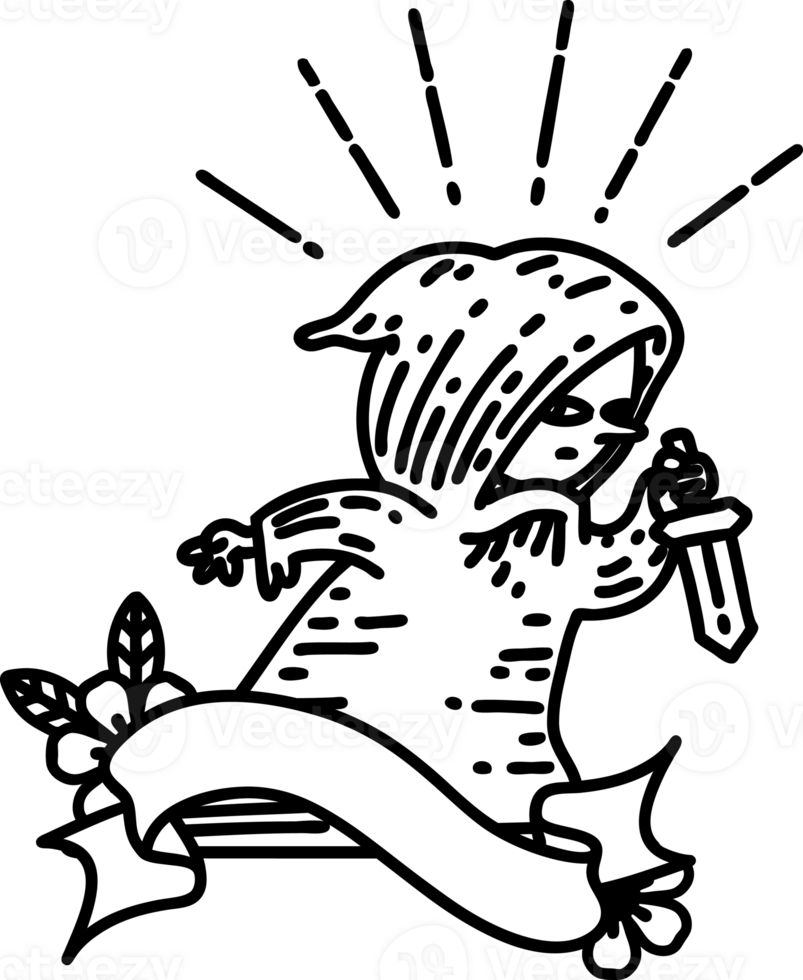 scroll banner with black line work tattoo style assassin with knife icon png