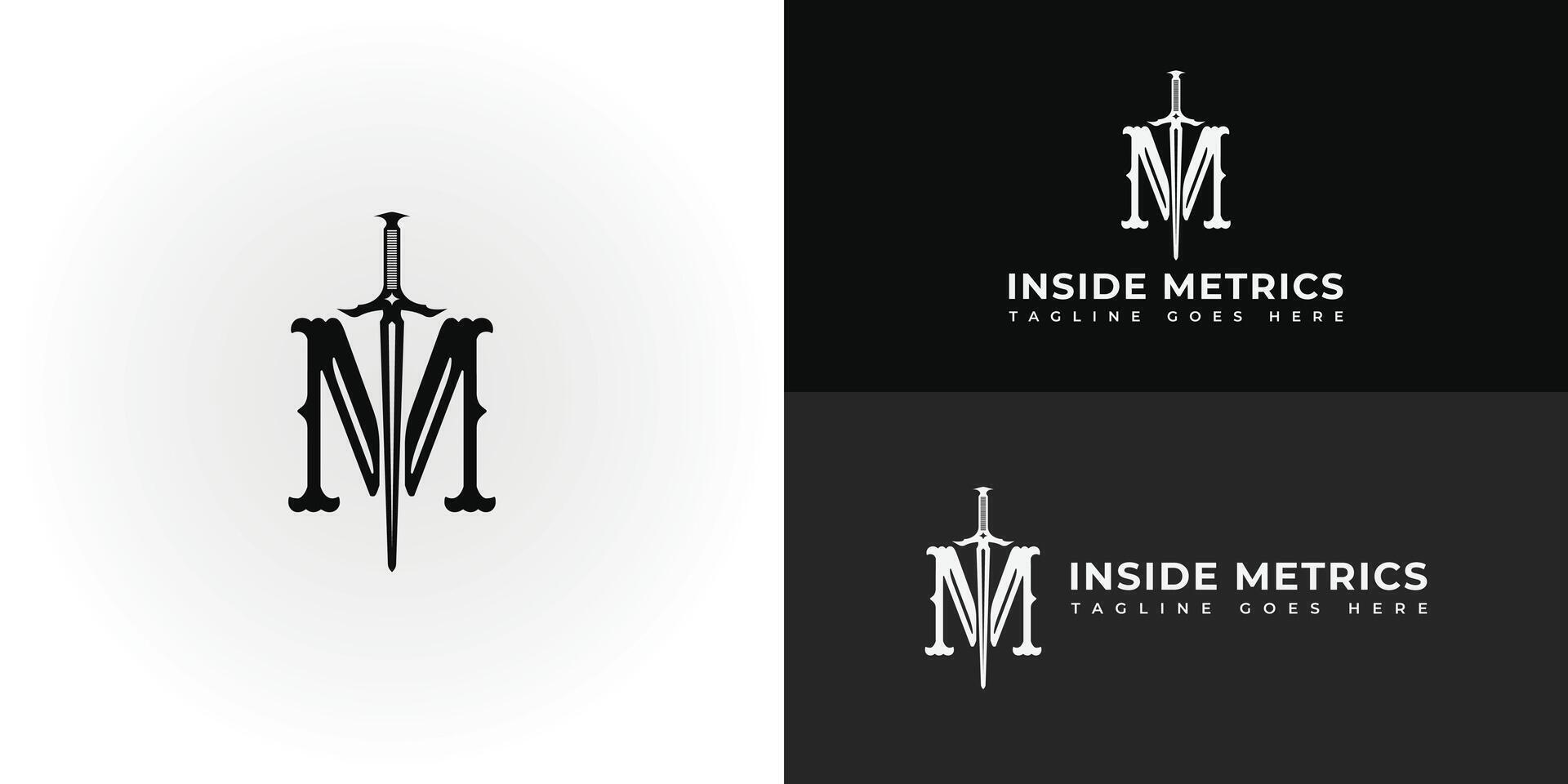 Abstract Letter M and sword logo design inspiration in black color presented with multiple background colors. The logo is suitable for Business and Consulting Company logo design inspiration templates vector