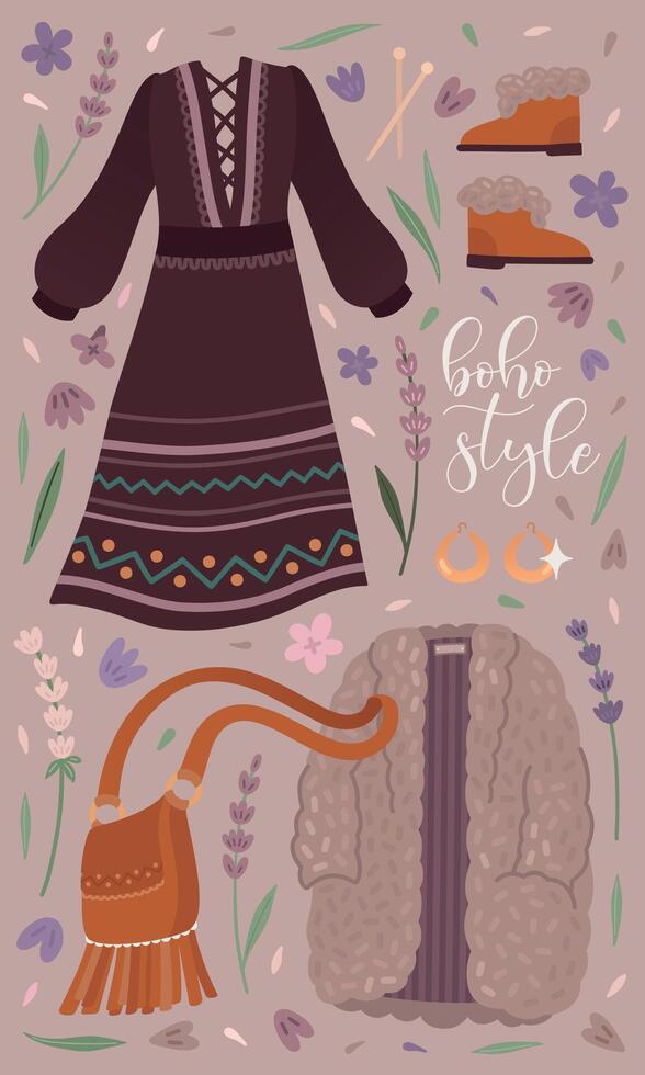 Boho outfit collection with fur coat vector